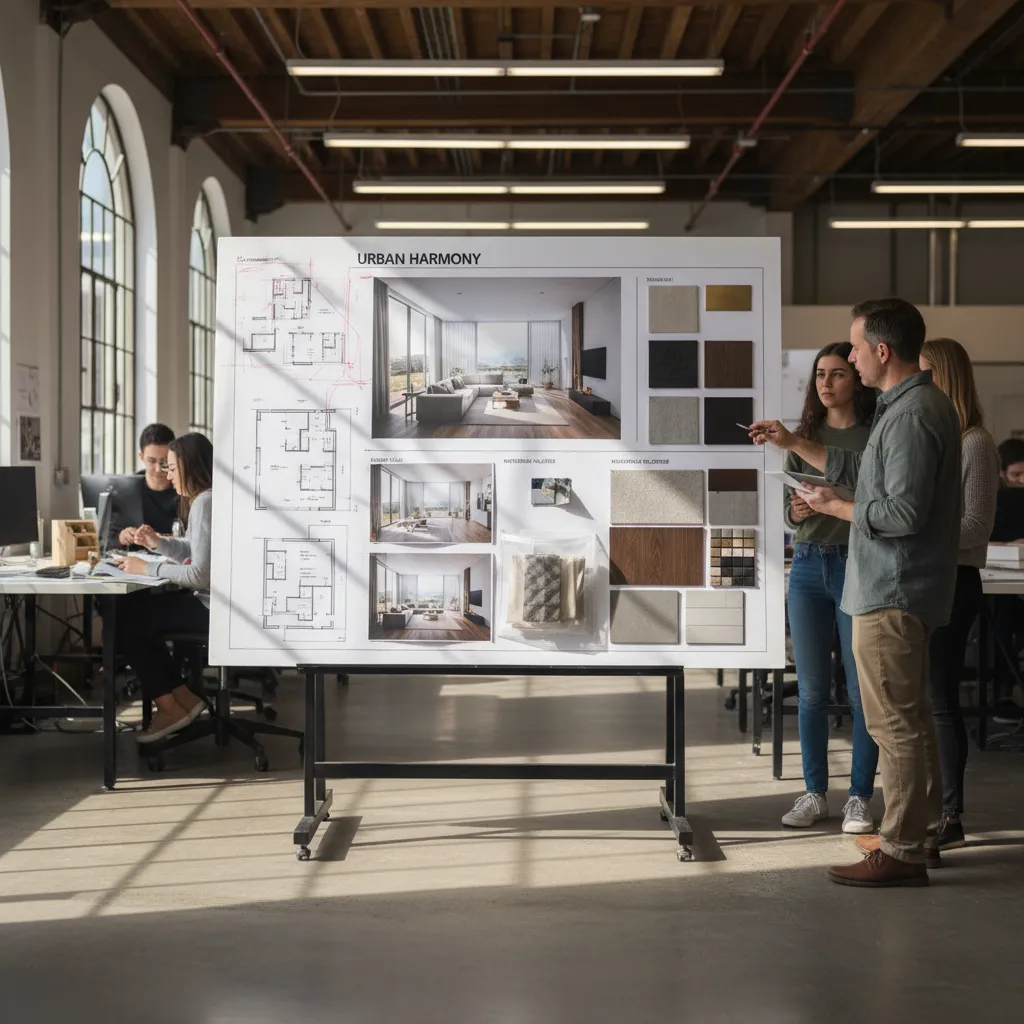 Proyecto de interiorismo presentado en paneles con renders y planos
