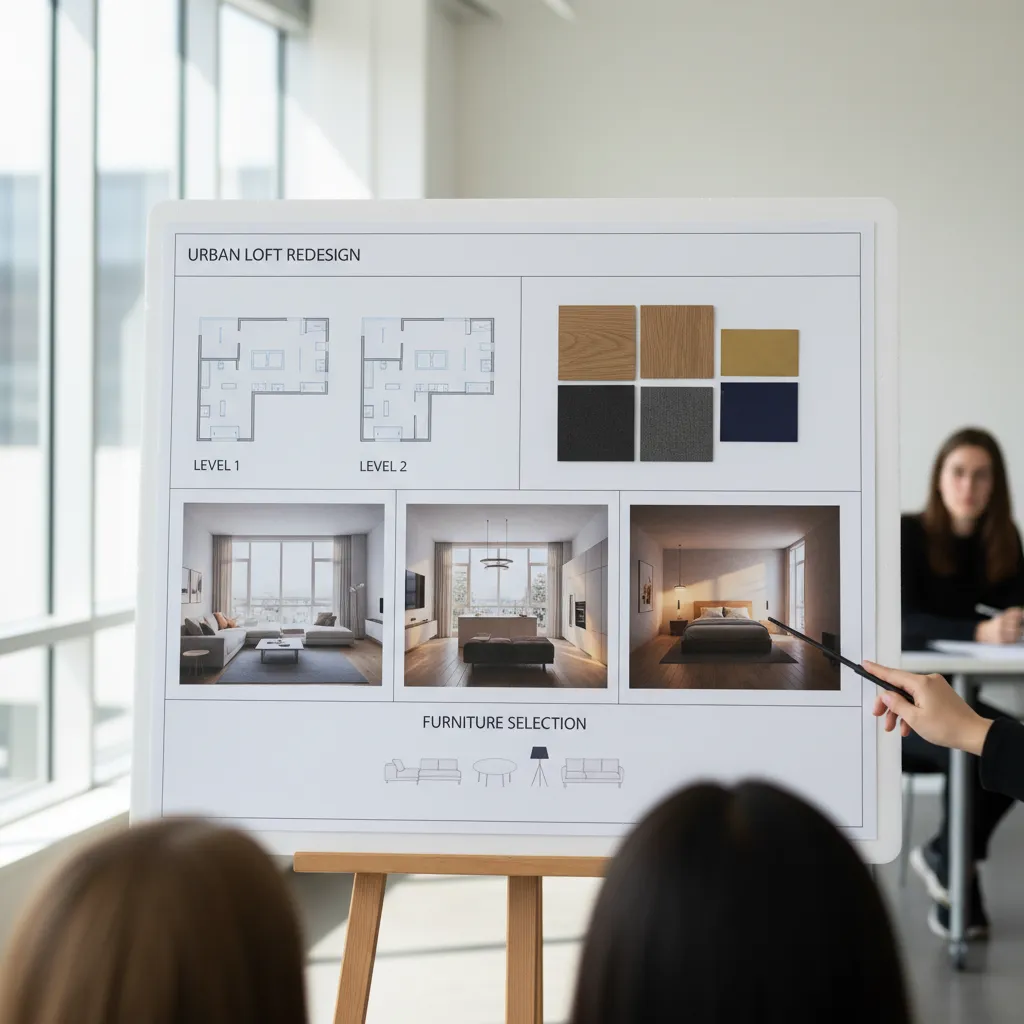 Interior design presentation board showing room layout drawings material samples and living room design images