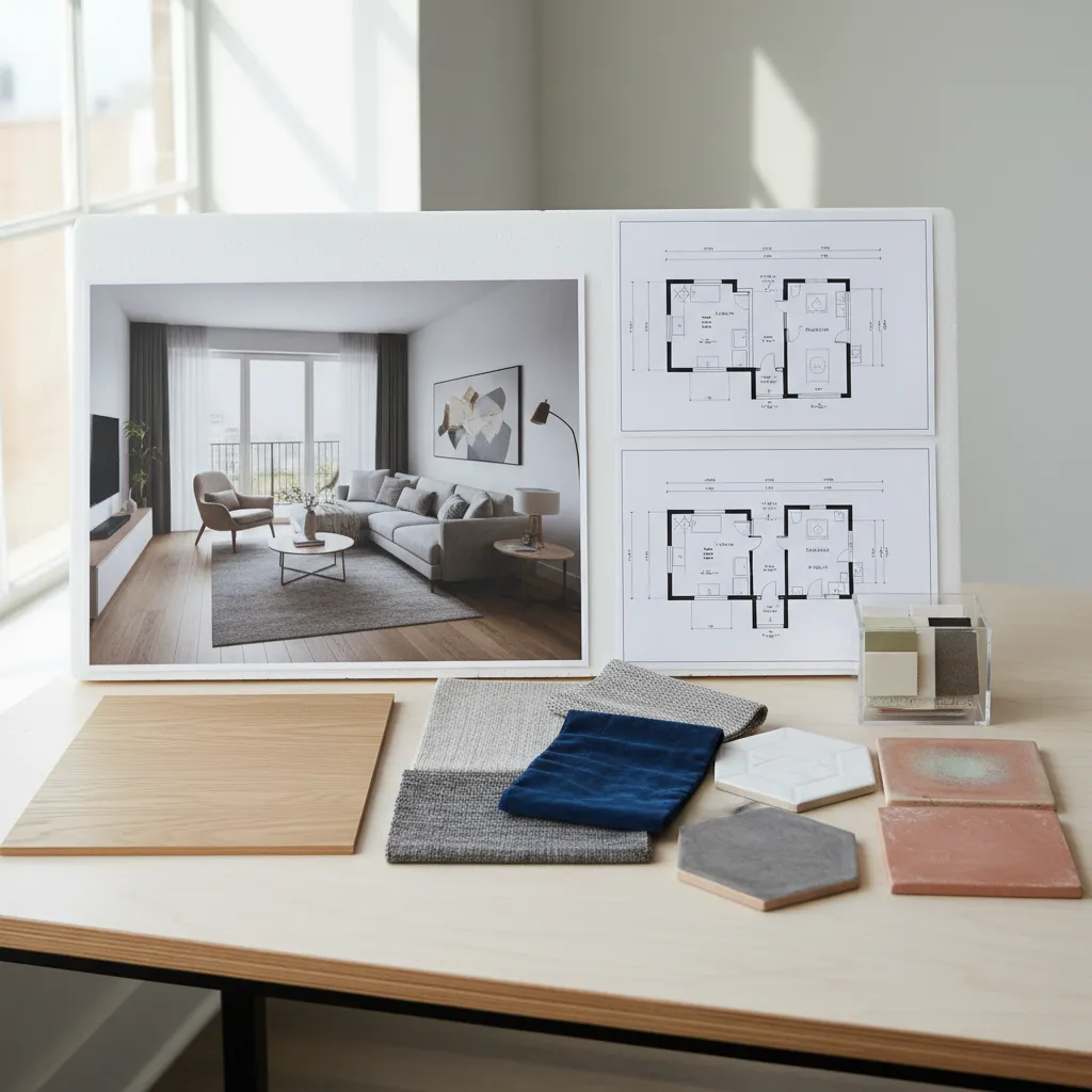 Interior design board with living room picture floor plans fabric samples wood and colorful tiles