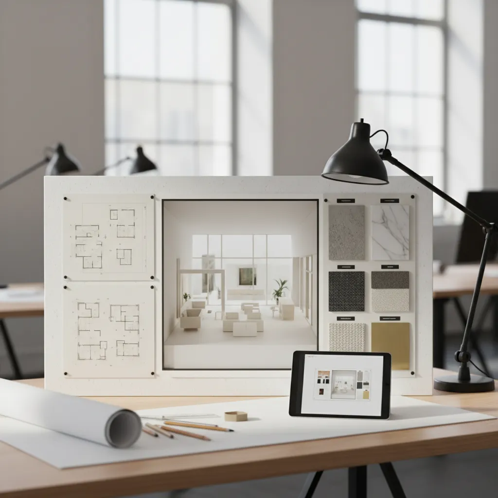 Physical interior design drawing on a board with floor plans material samples tablet and lamp
