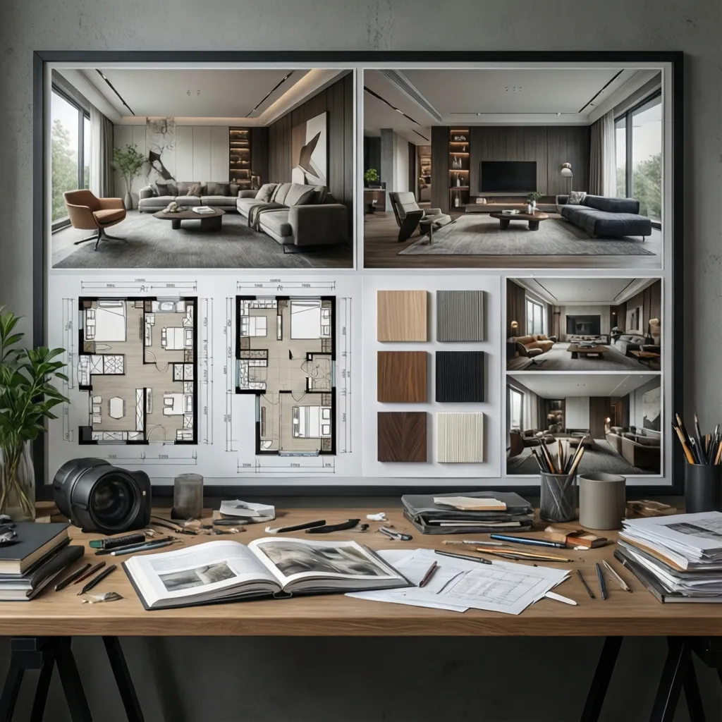 Interior design presentation board featuring floor plans, interior design drawings, material samples, and desk tools