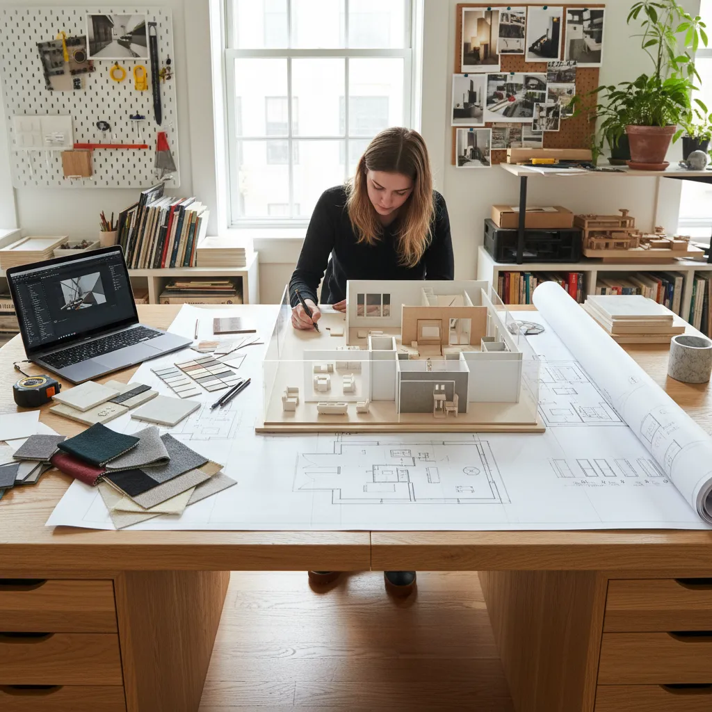 Estudiante desarrollando un proyecto de interiorismo con maquetas y planos