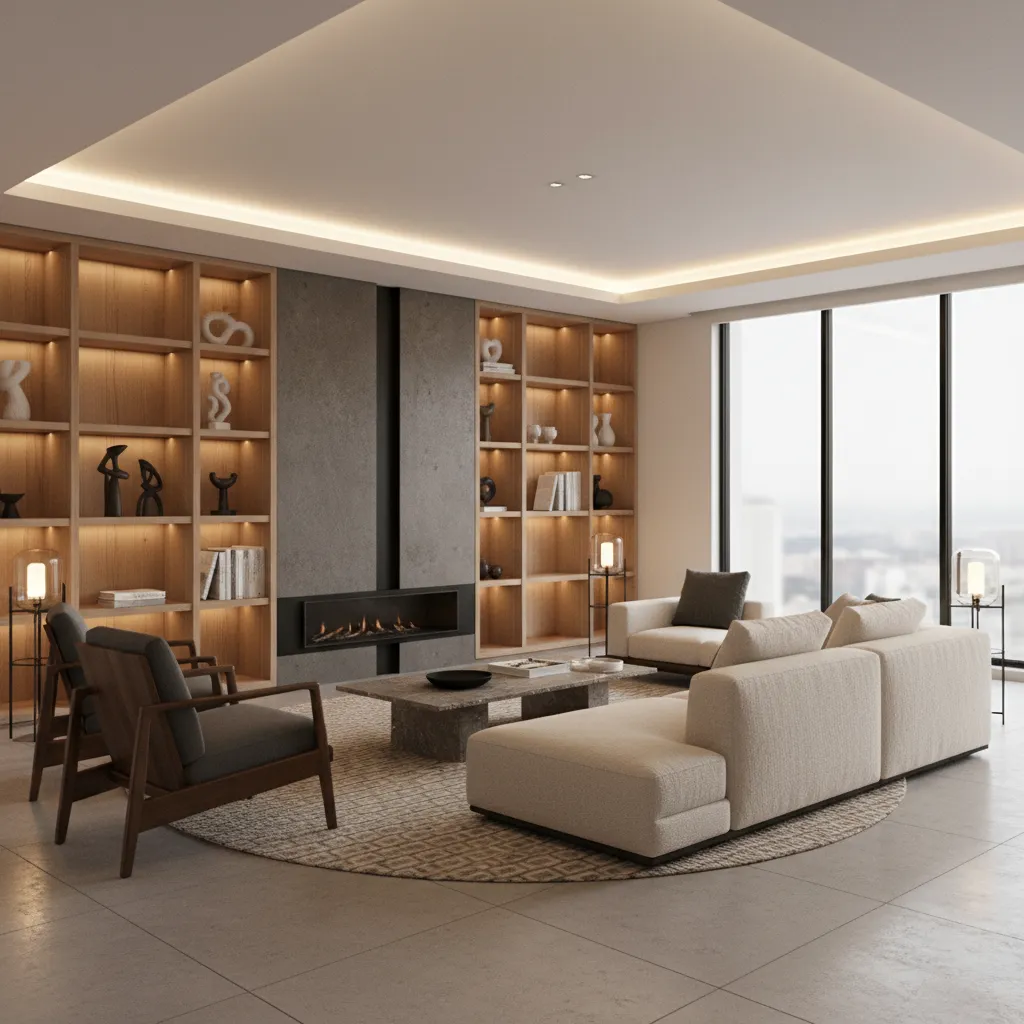 render de proyecto de interiorismo de estudiante mostrando sala moderna