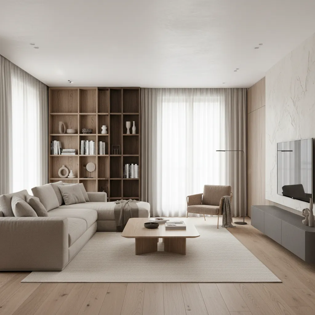 Modern living room with beige sofa wooden coffee table bookshelf grey cabinet and natural light