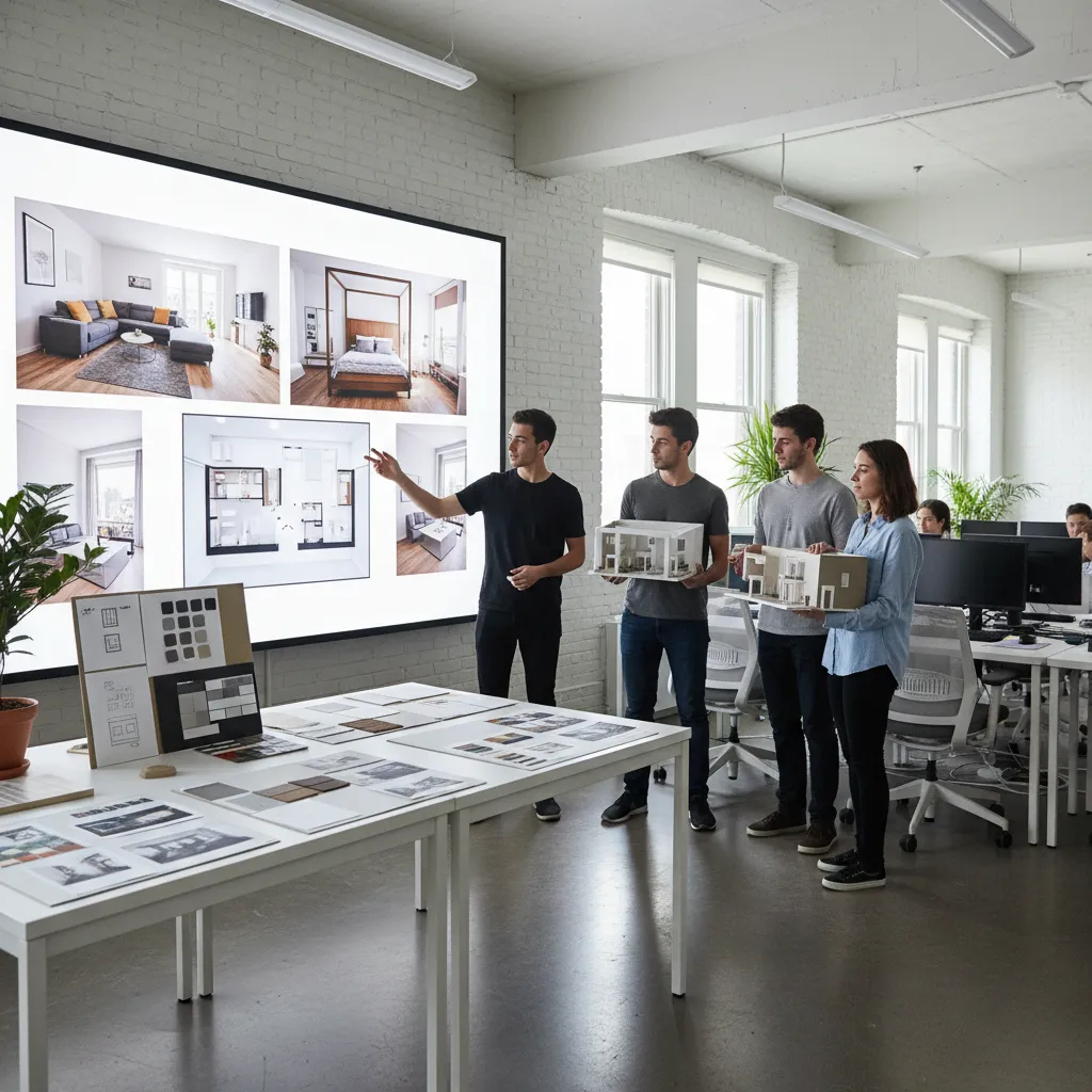 Grupo de estudiantes presentando un proyecto de diseño interior