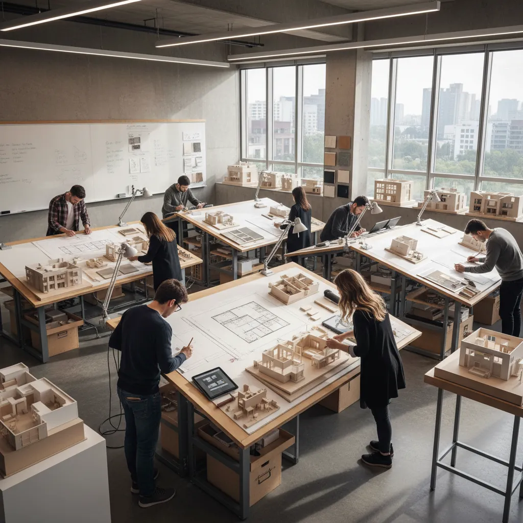 Estudiantes desarrollando planos y maquetas de un proyecto de interiorismo