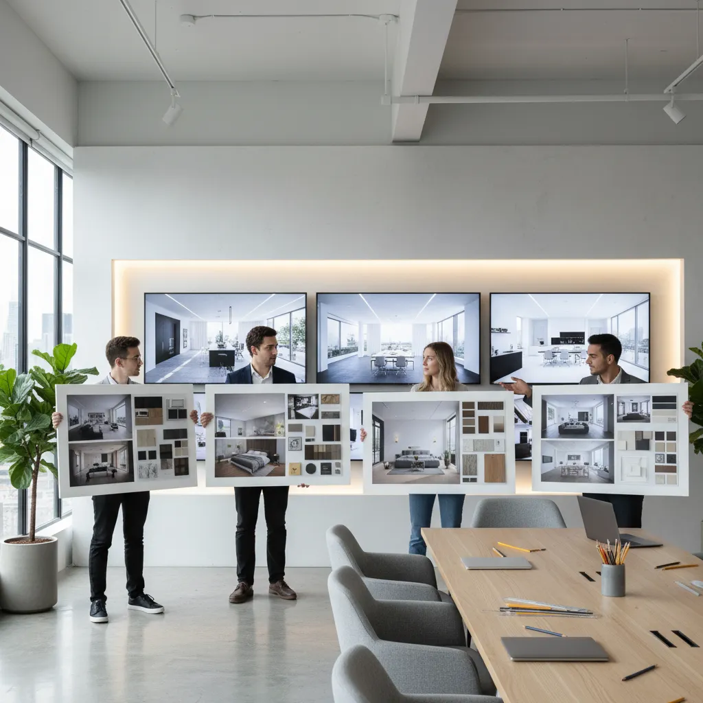 Four designers holding interior design drawing boards in a modern office with large display screens