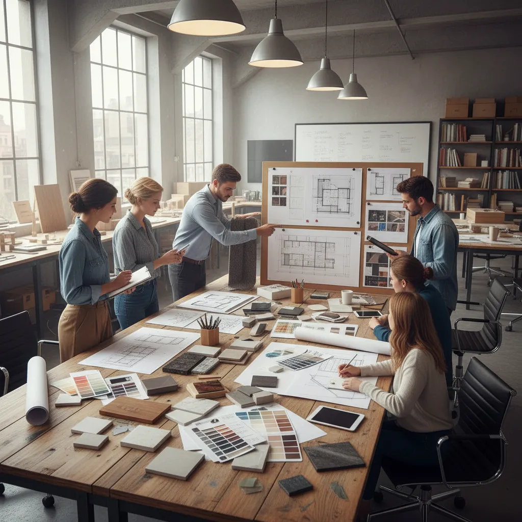 Estudiantes revisando un proyecto de interiorismo en mesa de trabajo