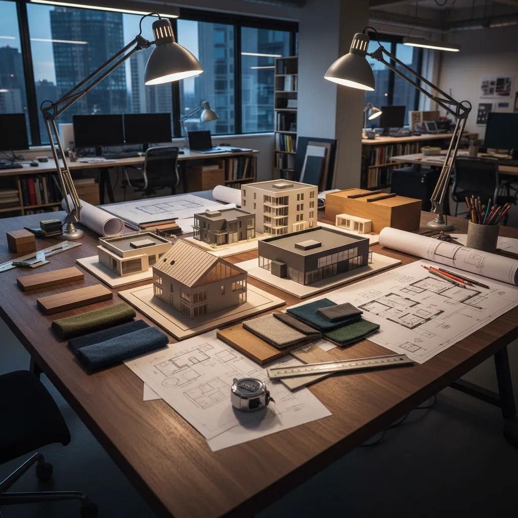 Mesa de trabajo con maquetas, muestras de materiales y planos de interiorismo