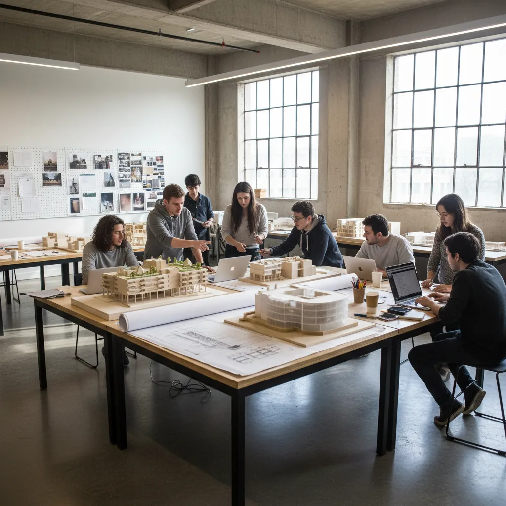 Estudiantes de interiorismo revisando maquetas y planos de un proyecto