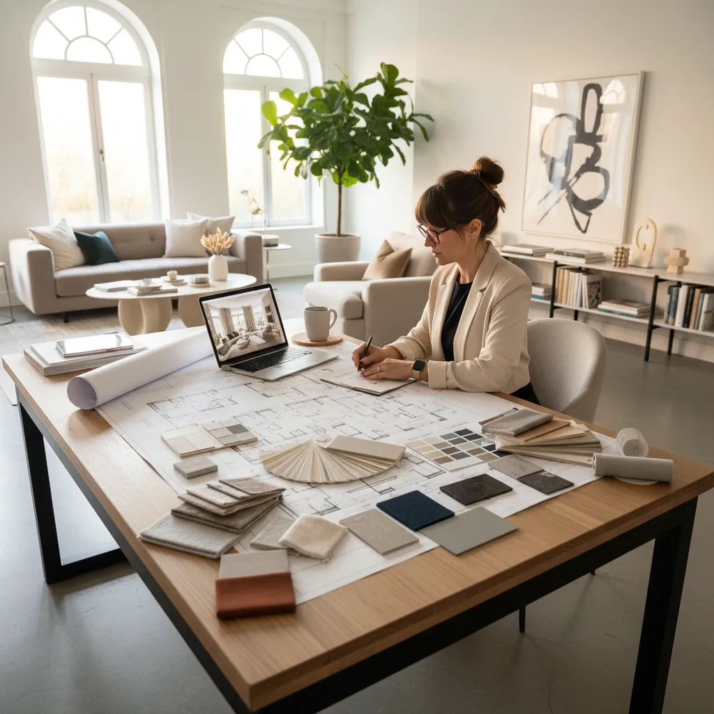 Diseñador trabajando en proyecto de interiorismo con planos y muestras de materiales