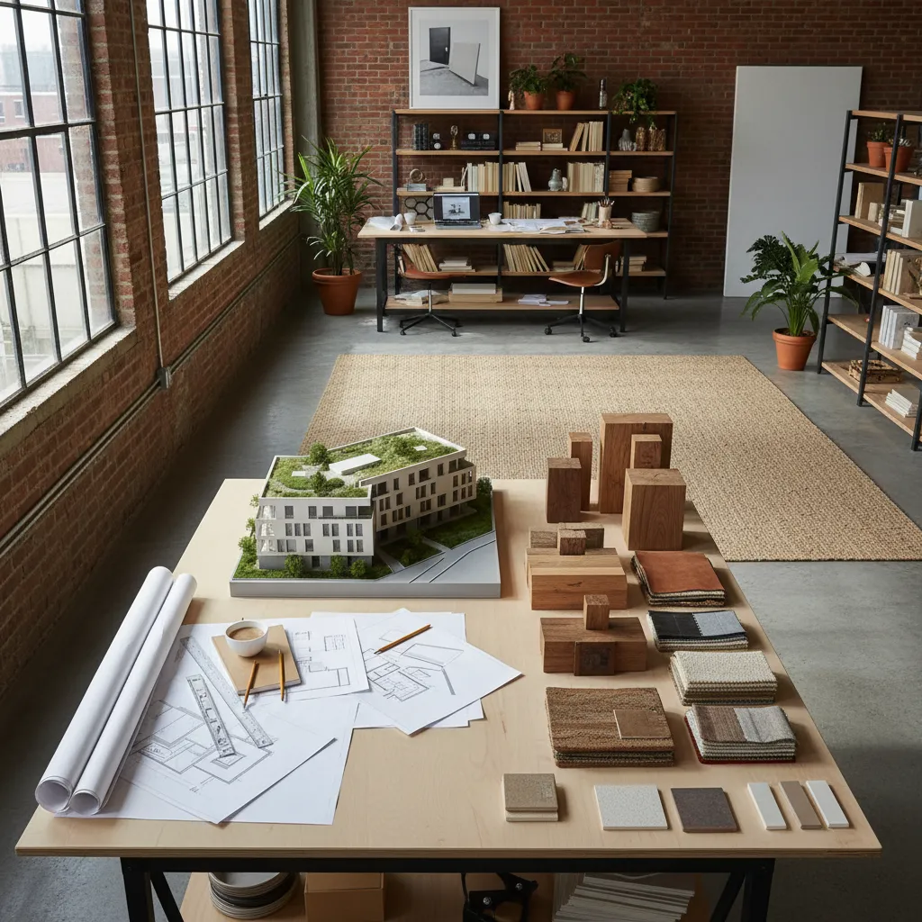 Design studio with brick walls building model floor plan drawings and various material sample pieces