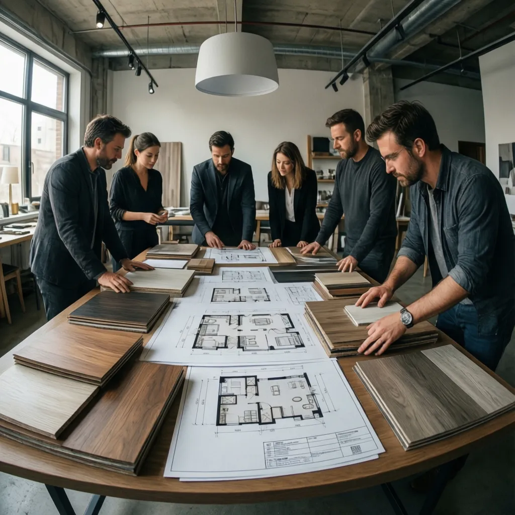 Equipo de diseñadores revisando materiales y planos de un proyecto interior
