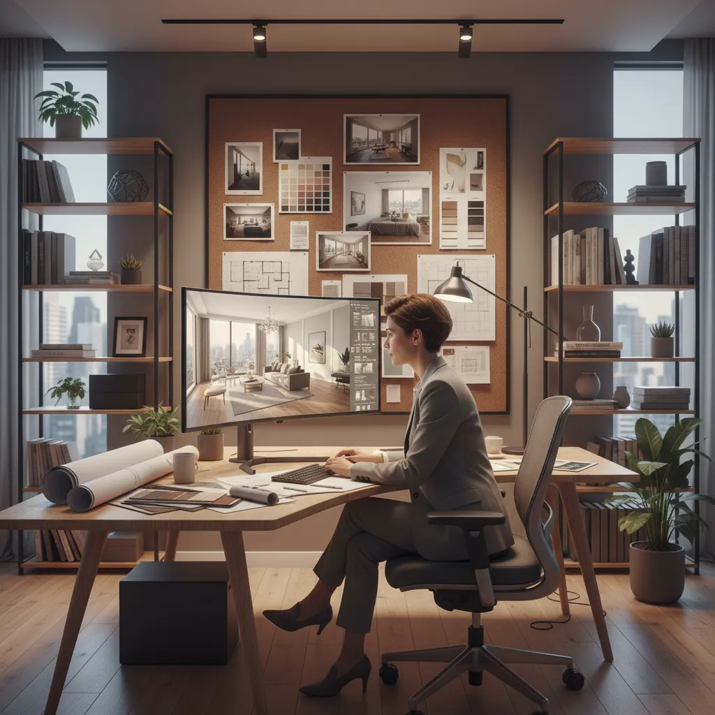 Diseñador revisando proyecto de interiorismo en pantalla