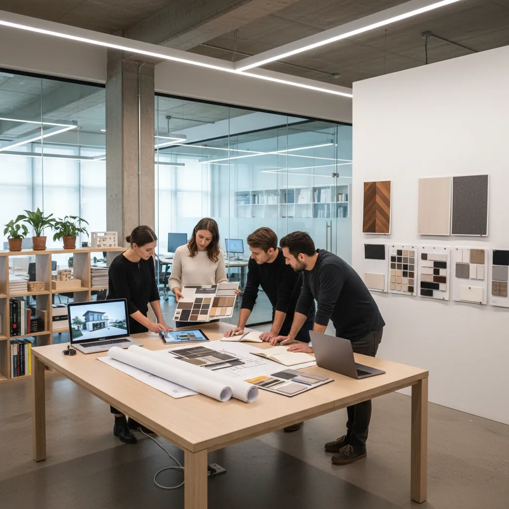 Equipo de diseñadores revisando planos y renders de un proyecto interior