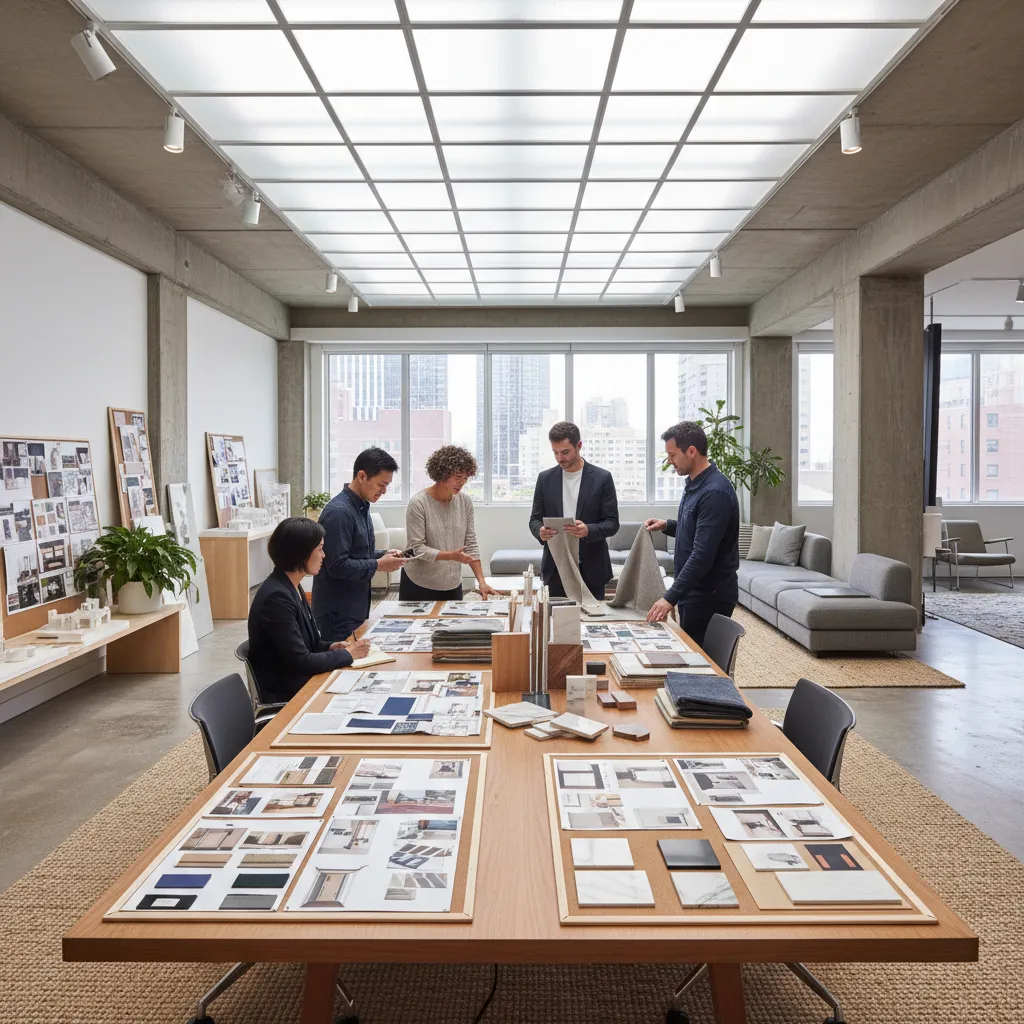 Equipo revisando un proyecto de interiorismo en un estudio profesional