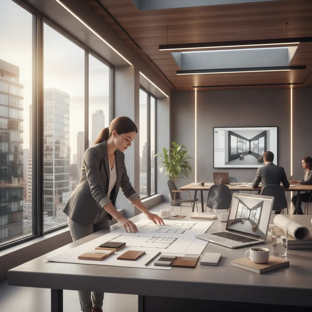 Diseñador revisando proyecto de interiorismo en estudio profesional