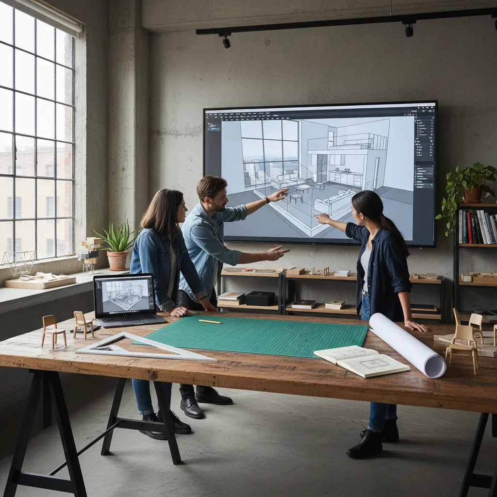 Estudiantes revisando diseño interior en pantalla con modelo 3D del espacio