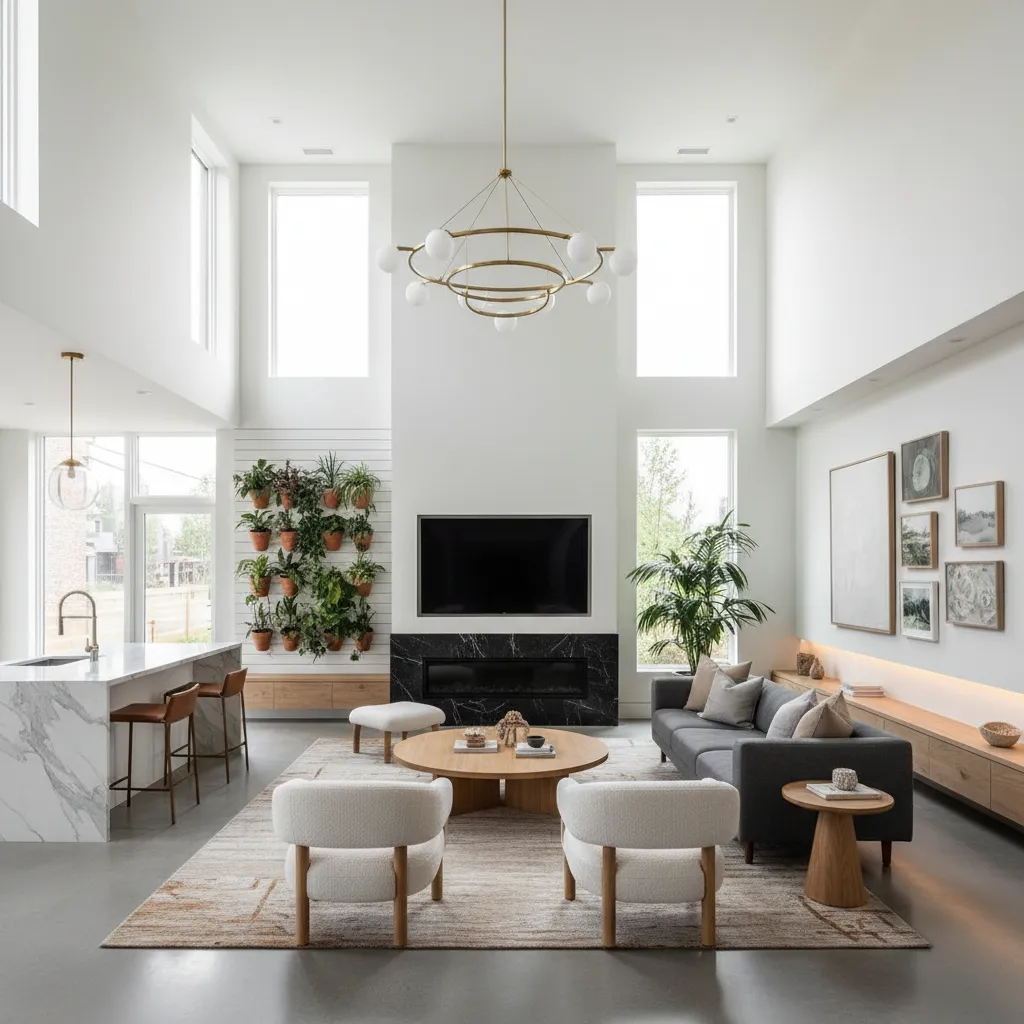 Bright open living room with high ceiling grey sofa white chairs plants marble kitchen counter