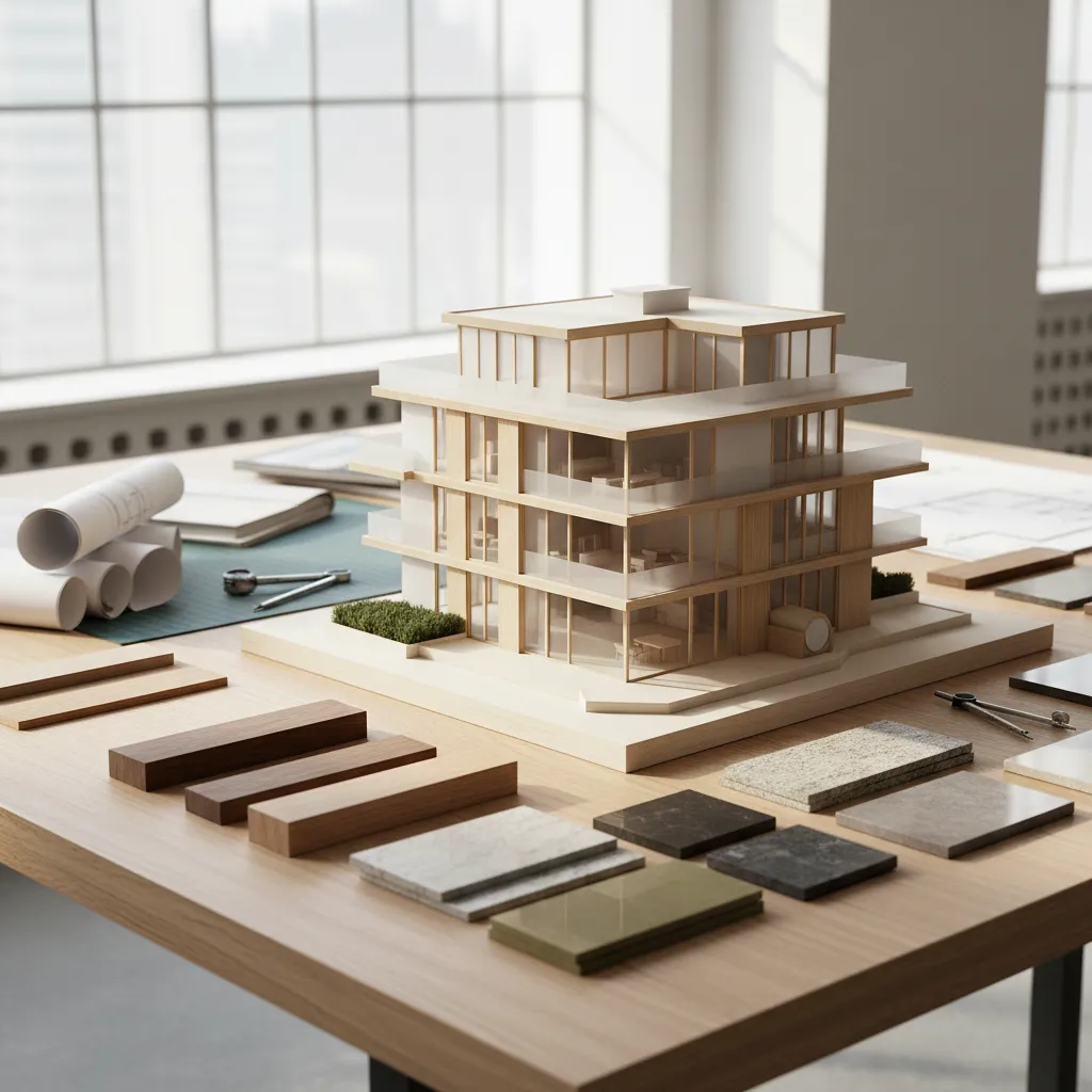 Maqueta arquitectónica junto a muestras de materiales de interiorismo