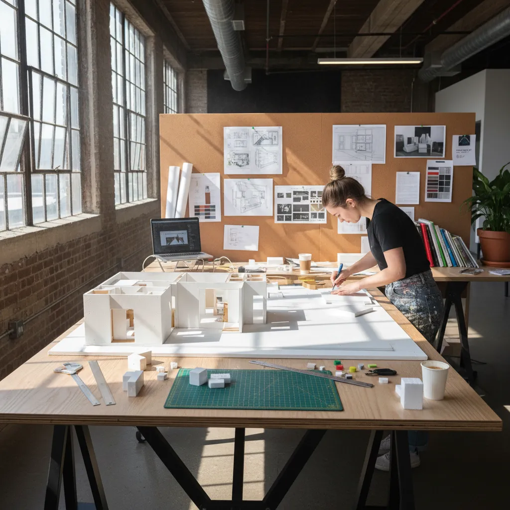 Estudiante trabajando en una maqueta de diseño de interiores