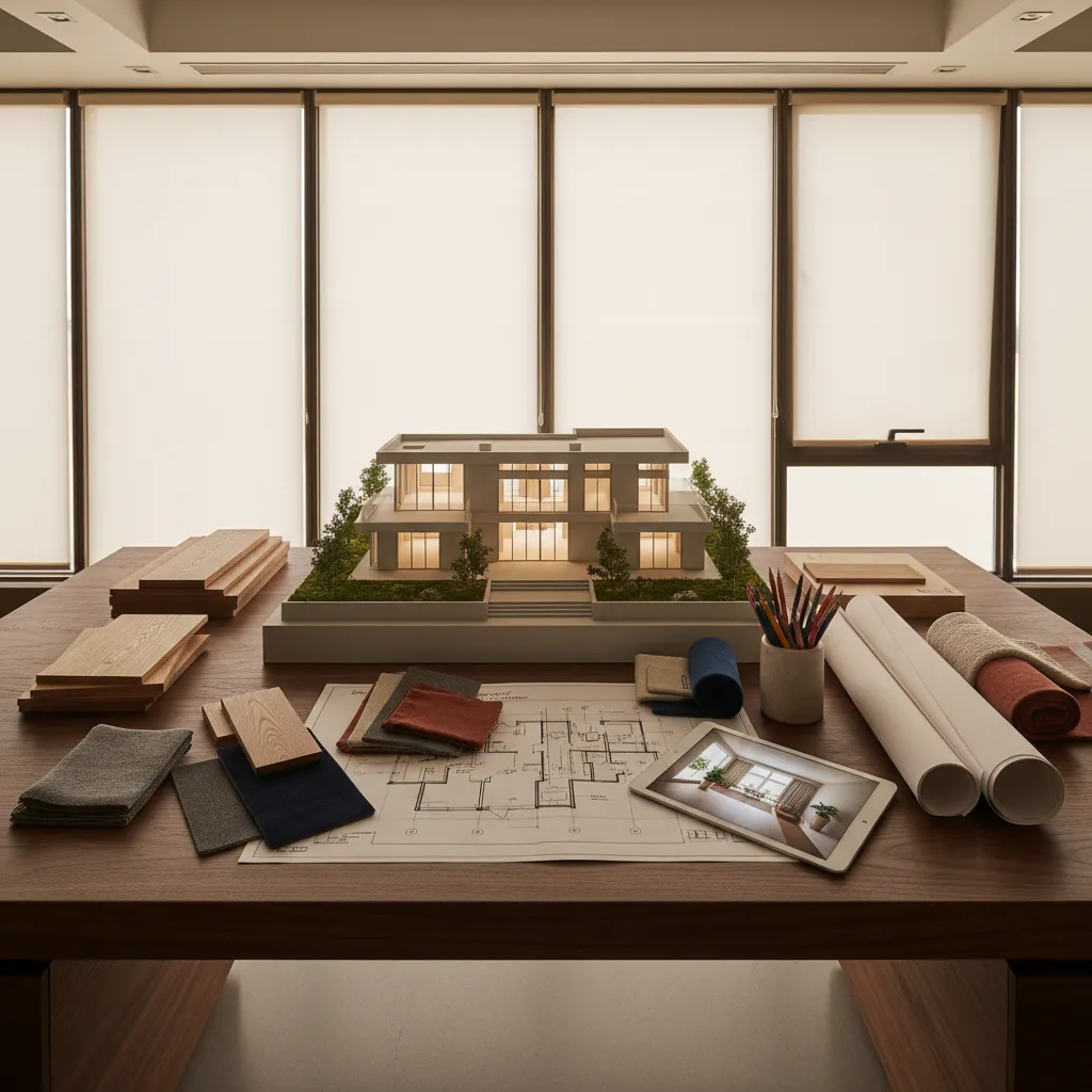 Mesa de trabajo con maqueta arquitectónica, muestras de materiales y planos