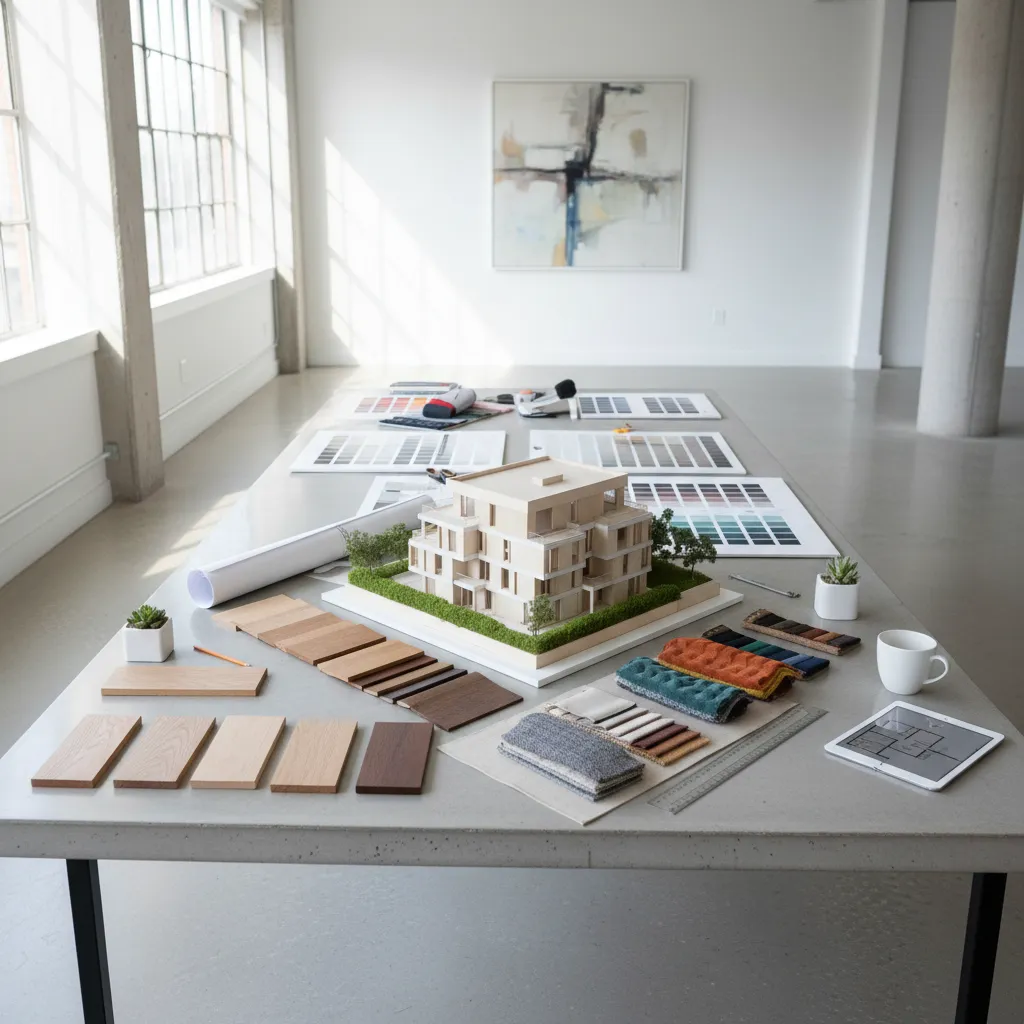 Mesa con maqueta arquitectónica y muestras de materiales de interiorismo