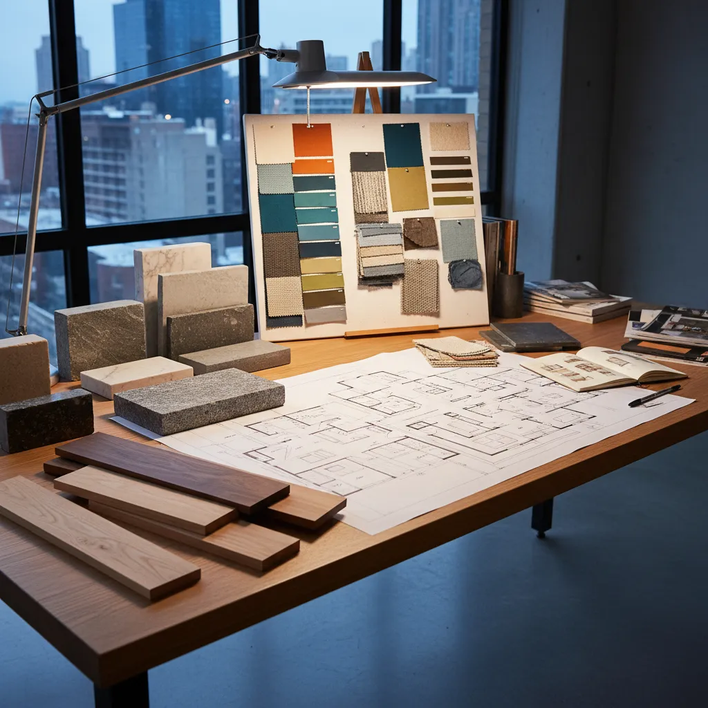 Mesa de trabajo con muestras de materiales y planos de interiorismo