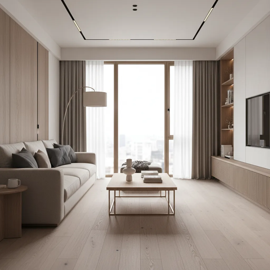 Modern living room featuring beige sofa wooden floor wall panel floor lamp and large windows