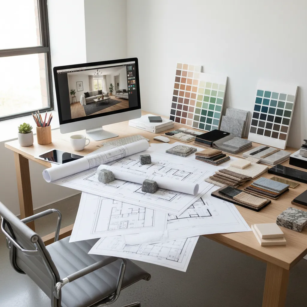 Diseñador de interiores trabajando con planos y muestras de materiales