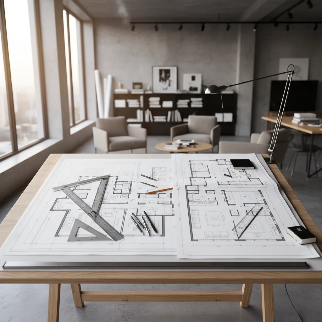 Planos técnicos de interiorismo sobre mesa de trabajo