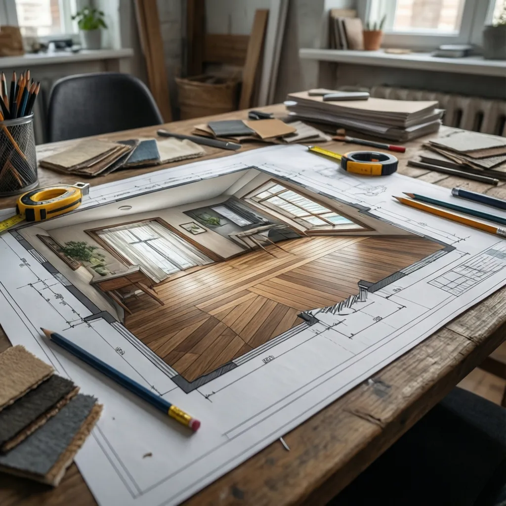 Interior design drawing on a wooden desk with pencils tape measure and various fabric samples