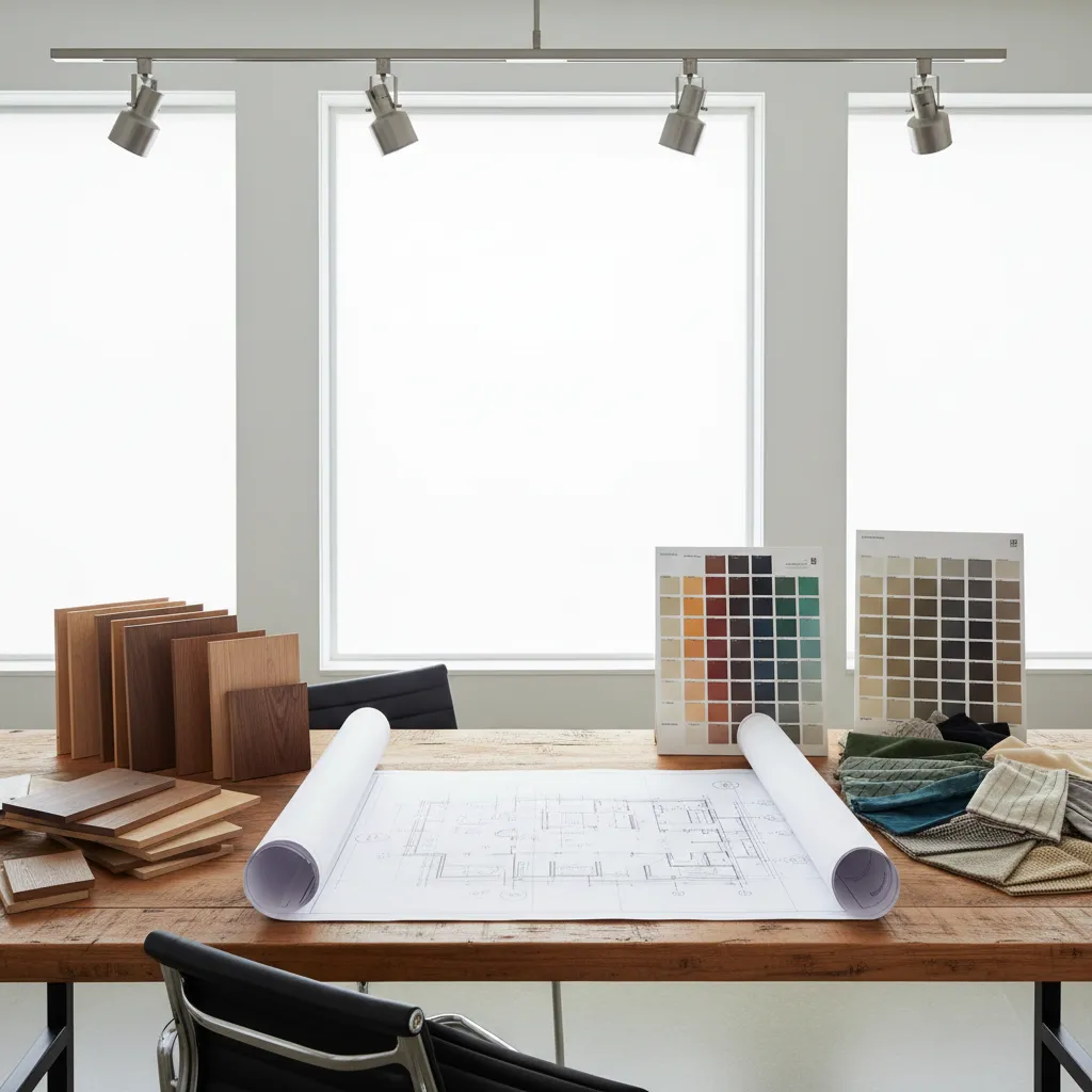 Wooden desk with interior design drawing color swatches wood samples fabric and bright office windows