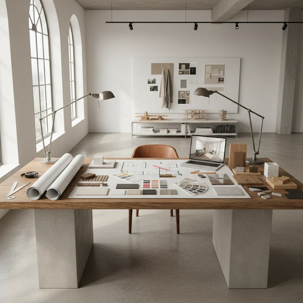 mesa con planos de interiorismo, muestras de materiales y herramientas de diseño