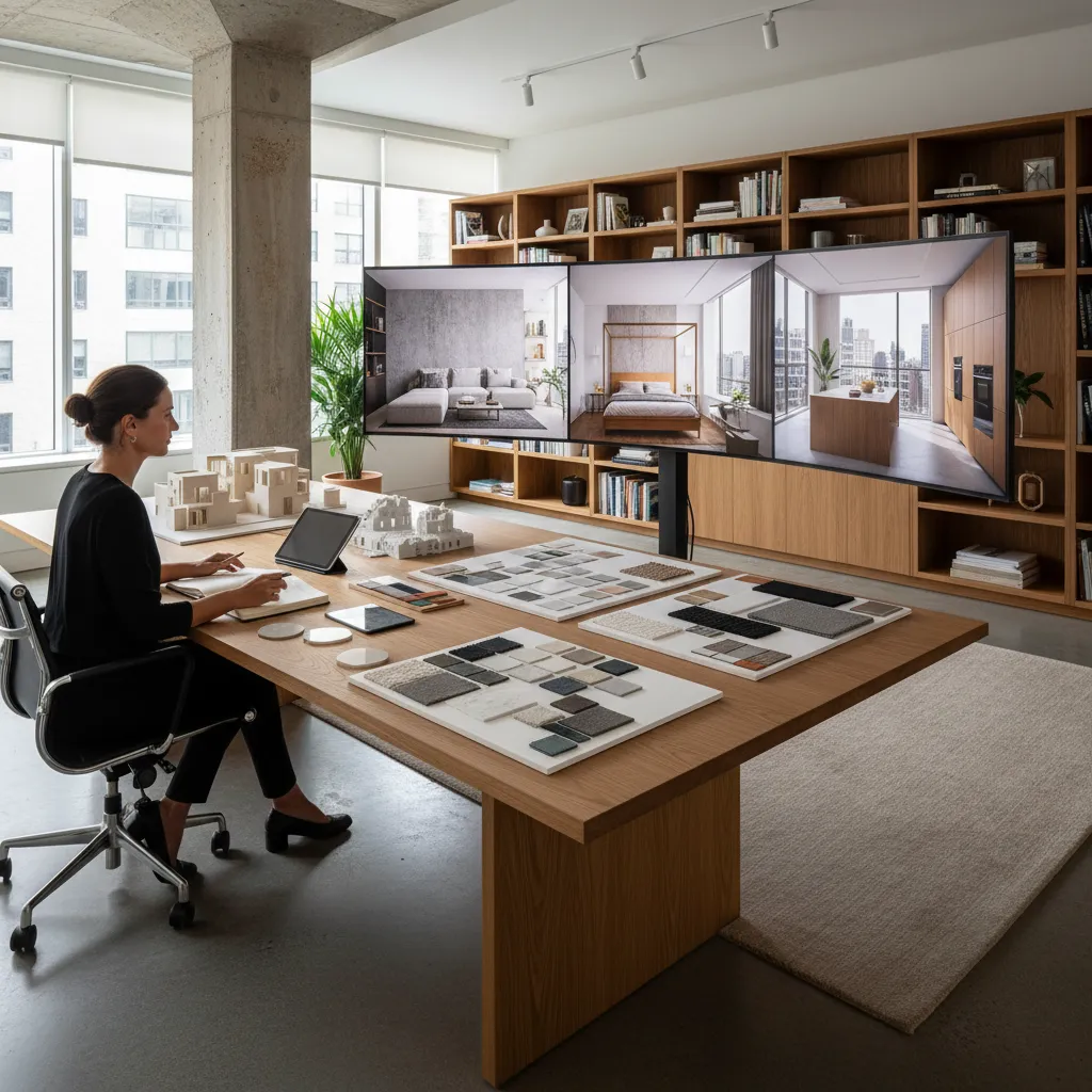Designer at desk with material samples and large monitor showing living room and kitchen designs