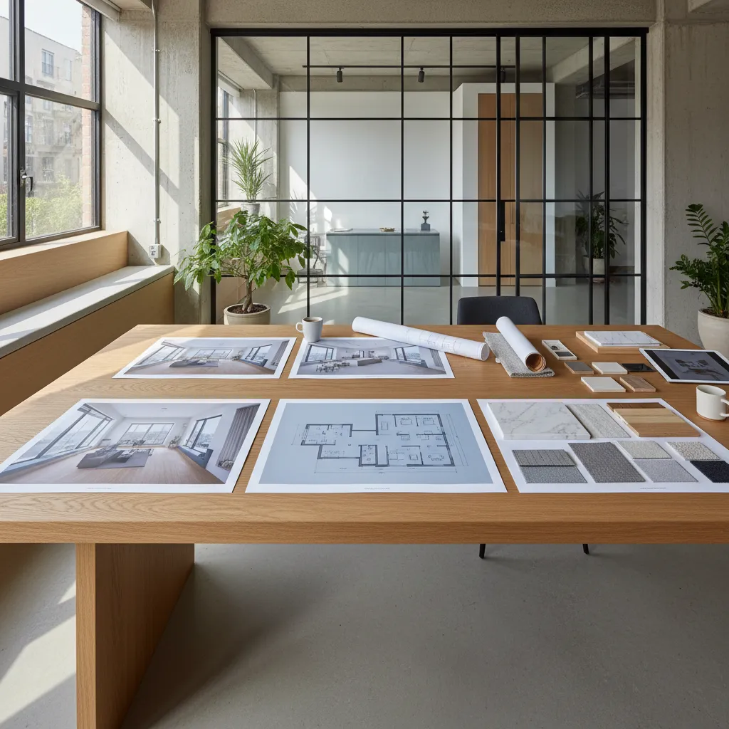 presentación de proyecto de diseño de interiores con renders y planos