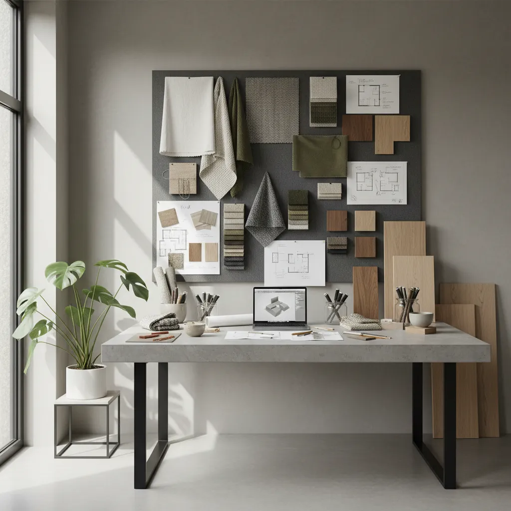 Proyecto de interiorismo en progreso con muestras de materiales y plano