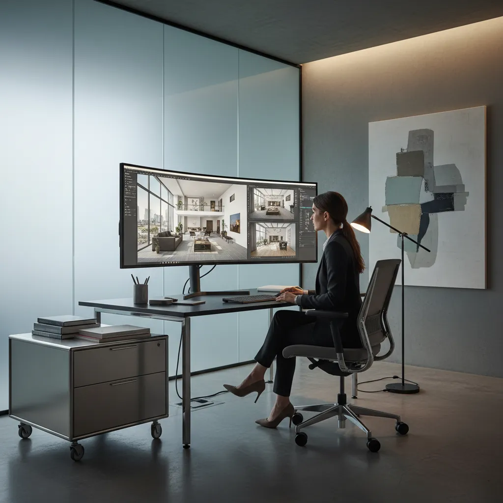 Diseñador revisando un proyecto de interiorismo en pantalla con planos y modelo 3D