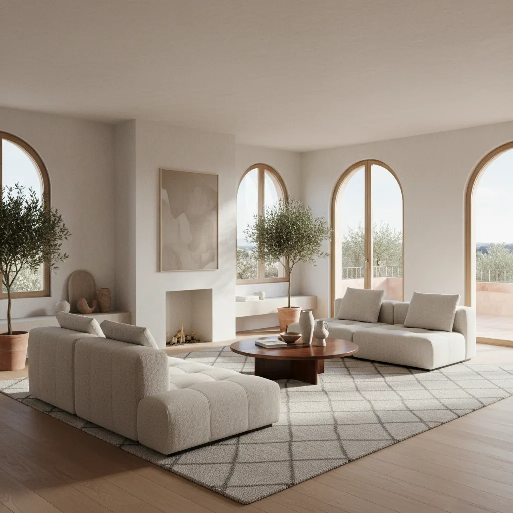 Render realista de un salón moderno creado por un estudiante de interiorismo