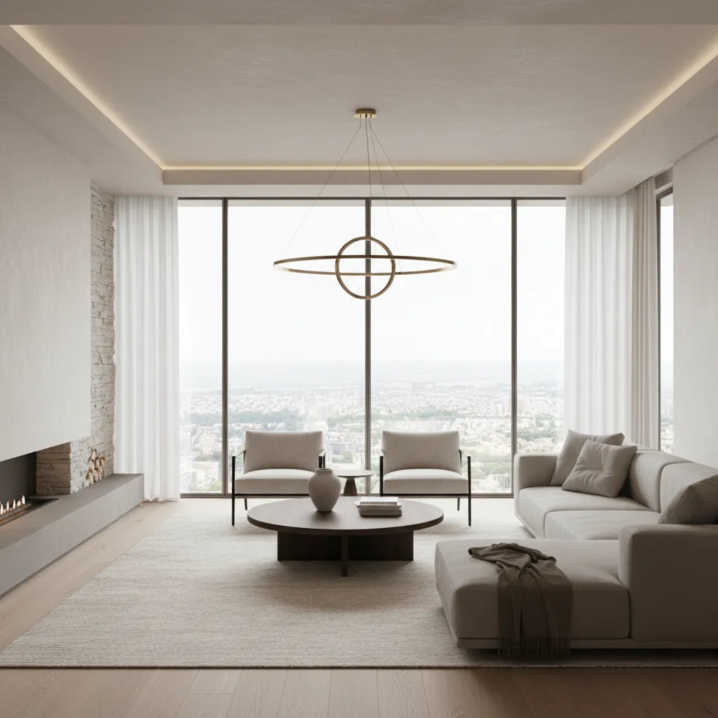Render realista de un salón moderno diseñado por un estudiante