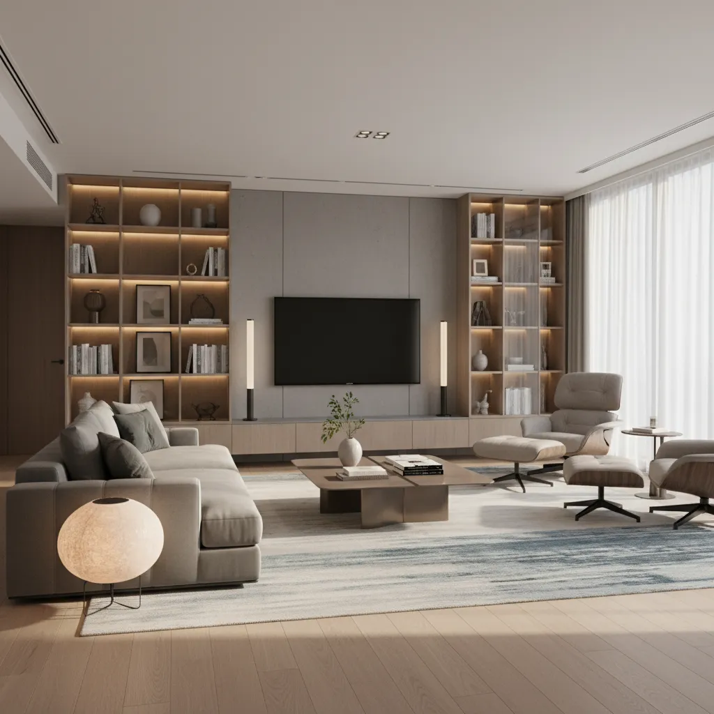 Render realista de un salón moderno creado por un estudiante de interiorismo