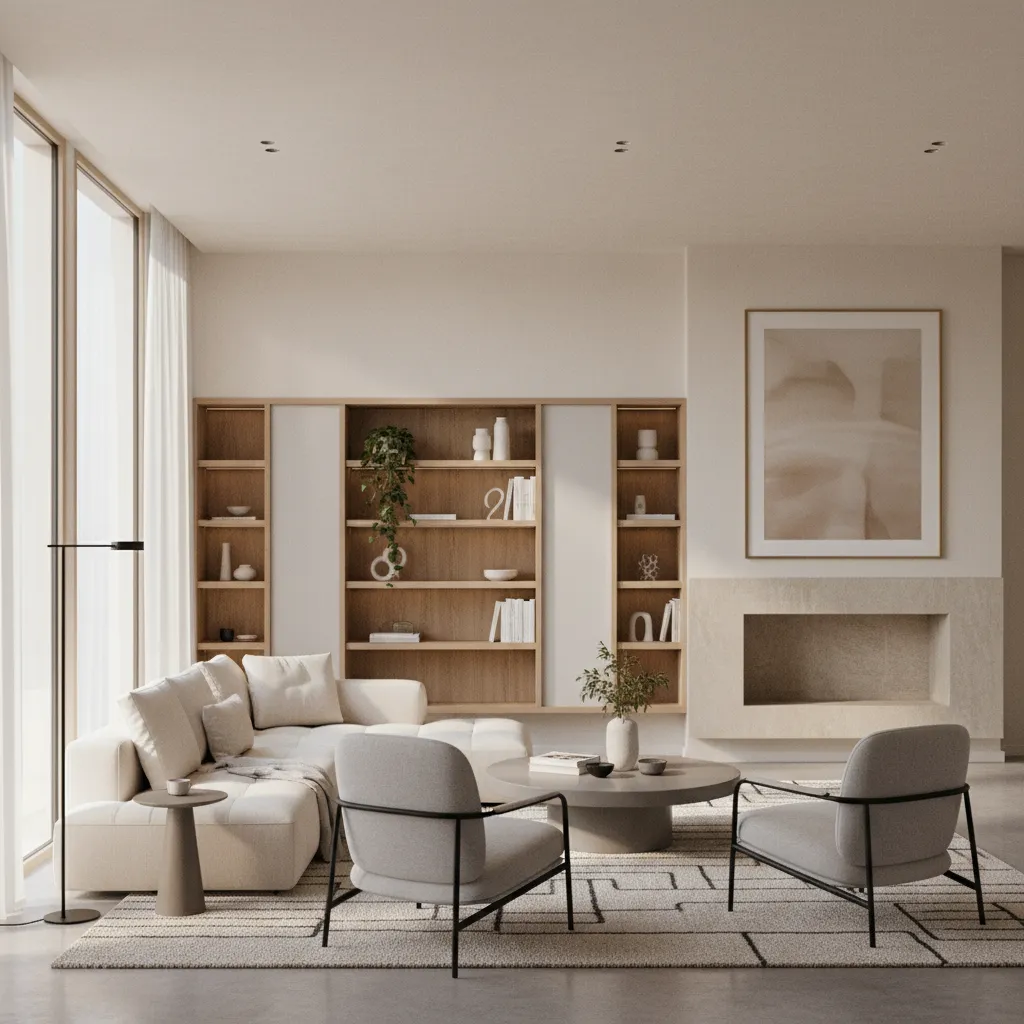 Render 3D de un salón moderno usado para visualizar un proyecto de interiorismo