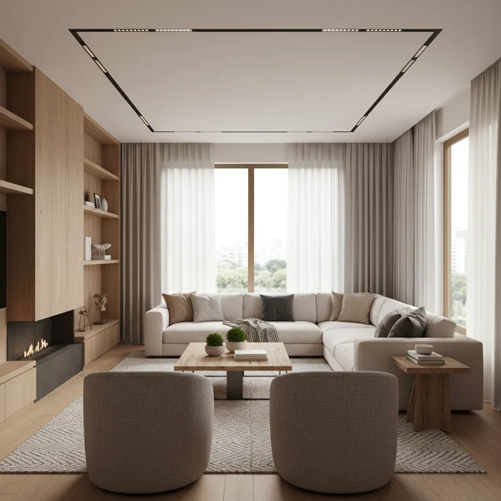 Render realista de un salón moderno resultado de un proyecto de interiorismo