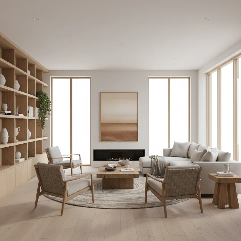 Render realista de sala moderna diseñada por un estudiante de interiorismo
