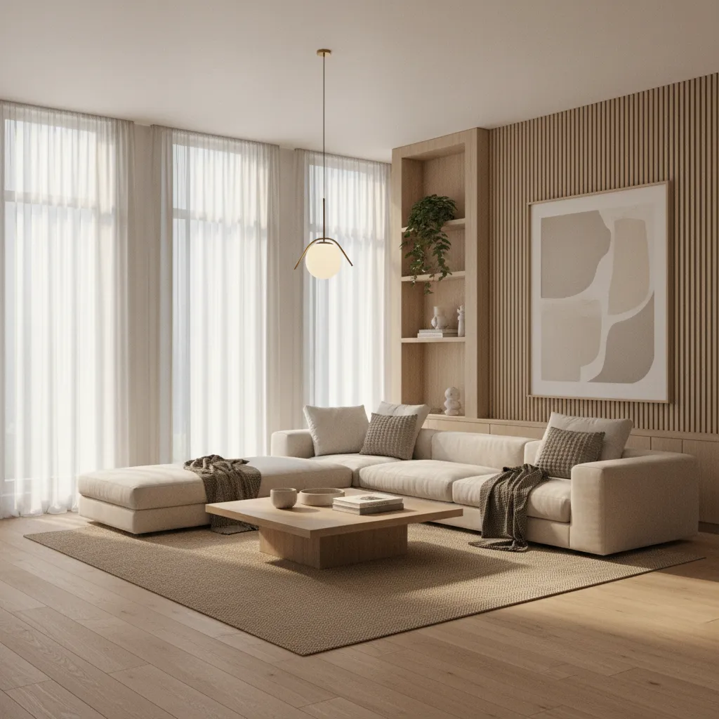 Render de un salón moderno diseñado por estudiante de interiorismo