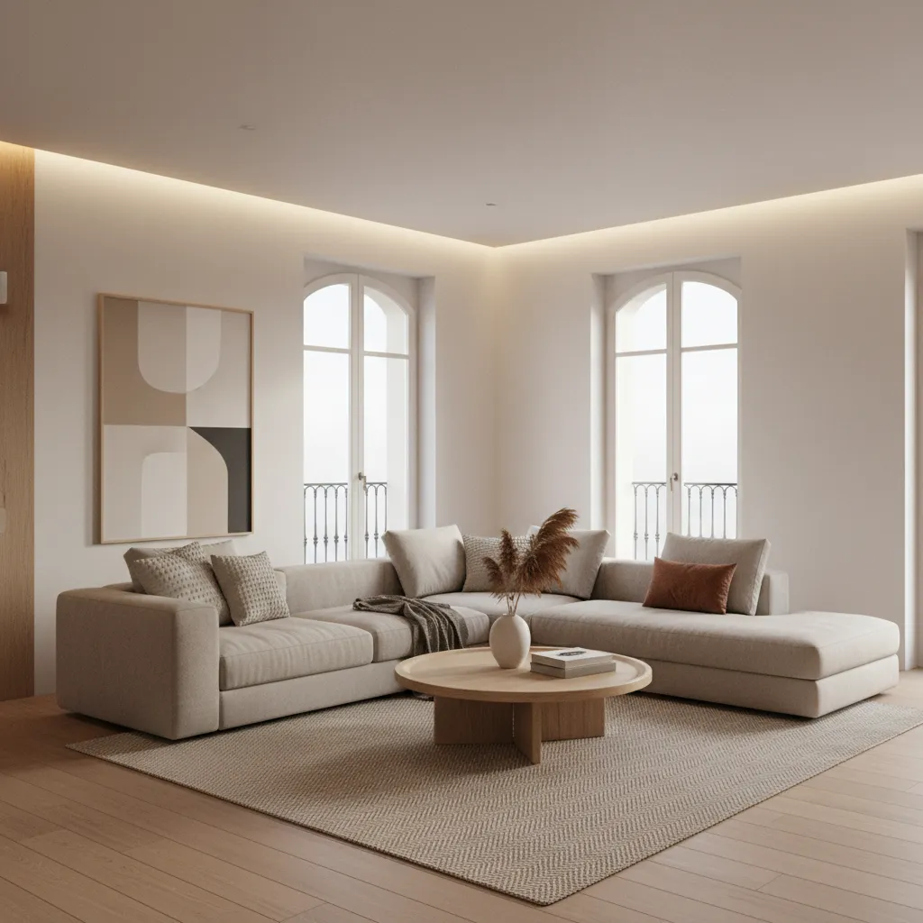 Render de diseño de salón moderno antes de la reforma