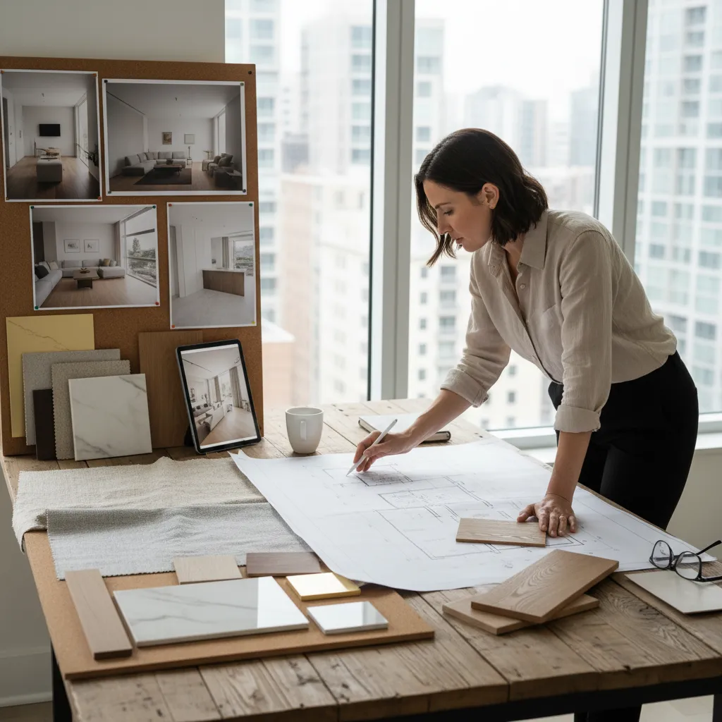 Diseñador revisando planos de reforma residencial
