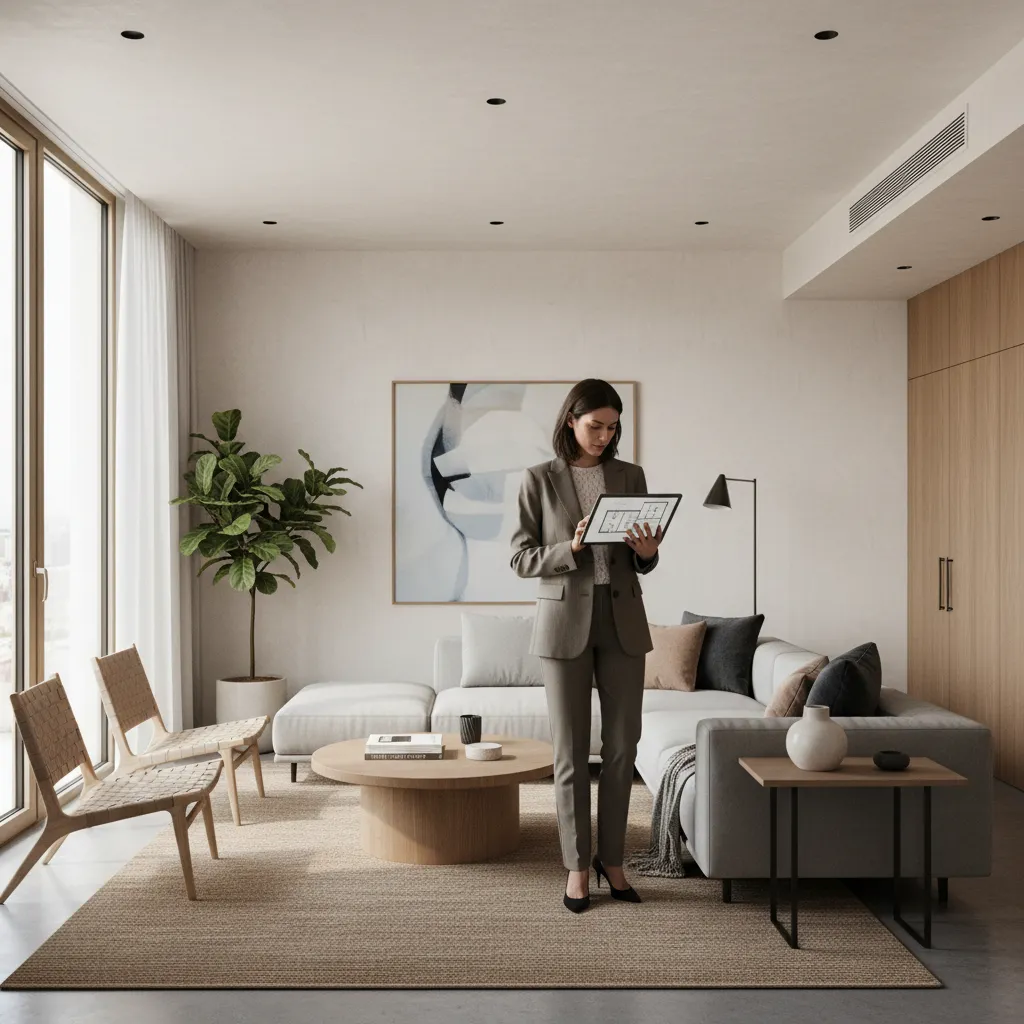 Woman holding tablet with room layout in modern living room with grey sofa and plant