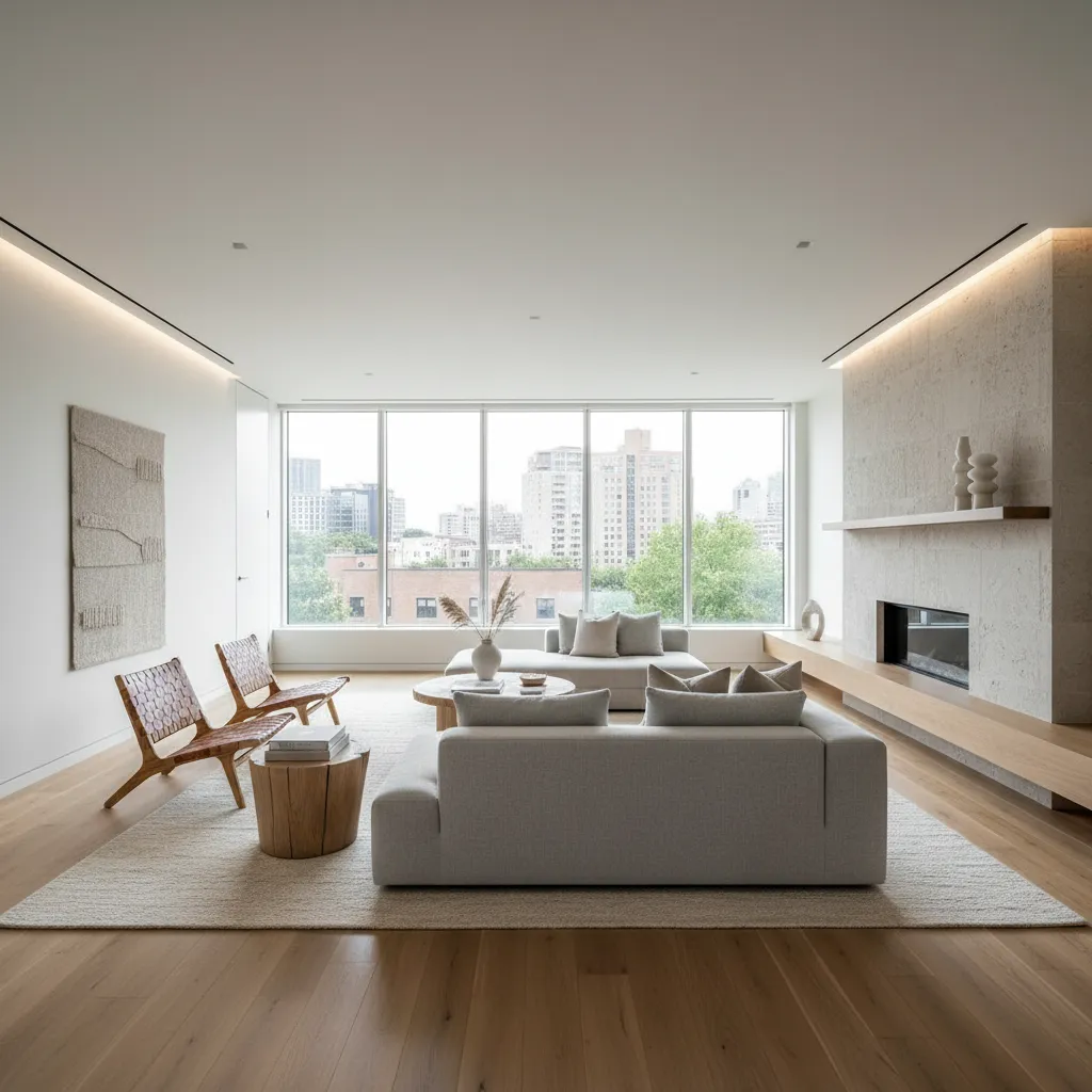 Minimalist living room with grey sofa fireplace large windows wood floor and bright natural light