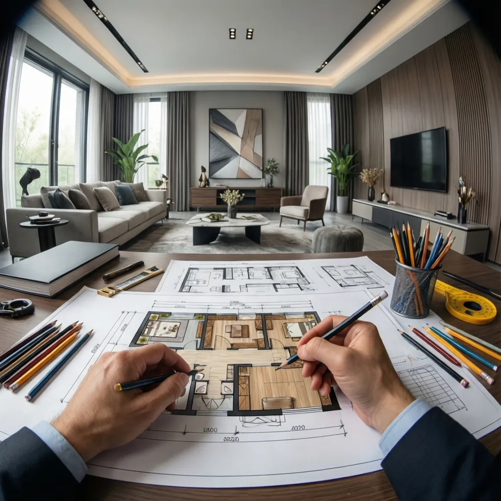 Diseñador revisando planos de distribución para una vivienda